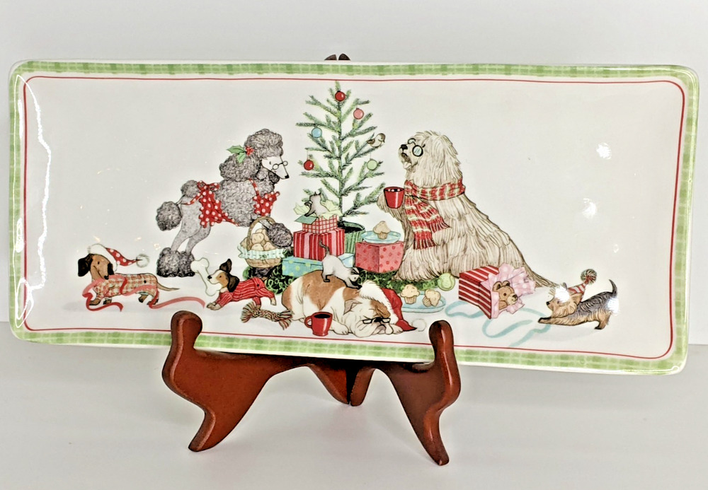 Pier 1 Park Avenue Puppies Serving Tray Plate Christmas Morning Pups 14"×6" NEW